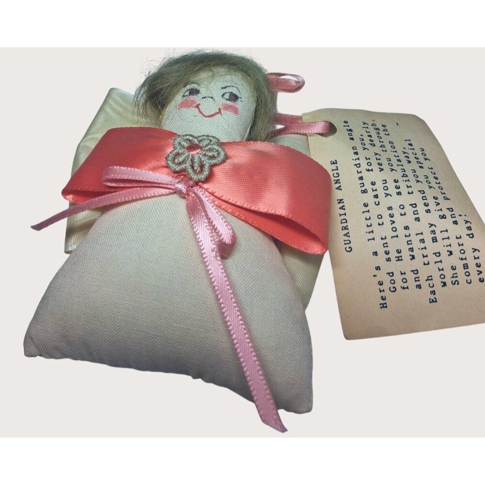 Vintage Handmade Guardian Angel Doll With Poem Tag & Ribbon Accent 4" Tall